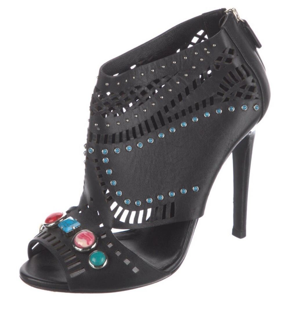 GUCCI LIKA LASER CUT LEATHER STONE STUD EMBELLISHED LOGO ANKLE BOOT SIZE EU 38